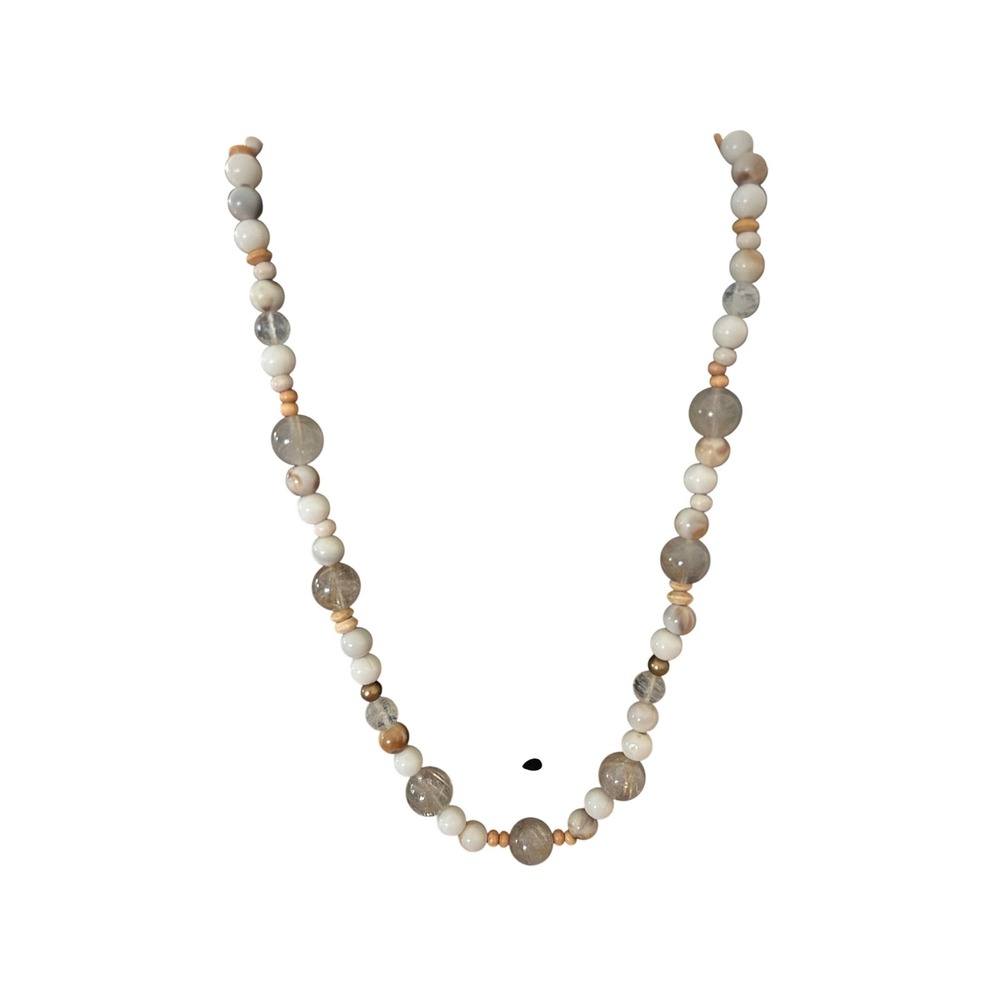 Boho Natural Stone Beaded Necklace Neutral Cream Tan Horn Toggle Closure